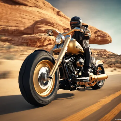 Harley-Davidson Fat Boy，golden colored，Retro，madmax ,The mechanical feel is full，Form in the desert