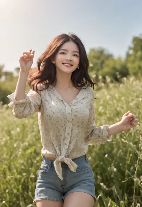 Ultra-high skin detail, Perfect facial details, Black hair, Big hair, clover hair ornament, Moles under eyes, Light smile, (Blue sky:1.3), A girl in a floral shirt and jeans dances on high grass, The grass sways in the wind, Smile, Flowing hair, sun shinni...