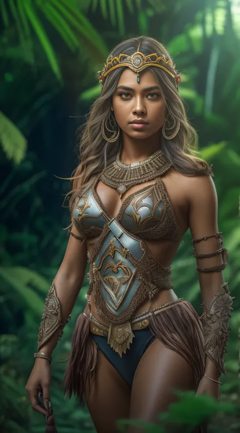 Full body Perfect beautiful sexy Princess Warrior Amazon 20- year- old, walking in the jungle, perfect composition, perfect face, eyes framed in its contour, centered image, ultra detailed, wide angle, octane render, volumetric lighting, broken glass, intr...