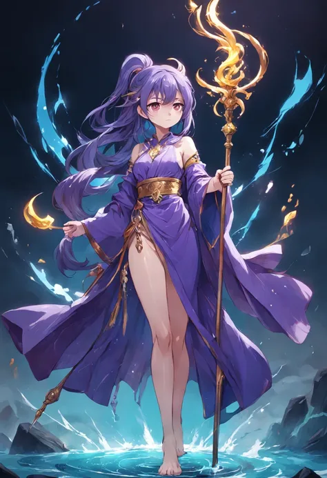 Game character standing drawing design，magestic，Gorgeous purple robes wrapped around the entire body，Holding a stout, ornate staff set with magic gems，Water magic，Different layers are superimposed，Different angles，（full bodyesbian：1.4），solid color backdrop...