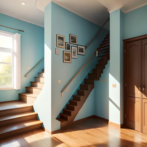 Minimalist living room，Light blue wall，With stairs，