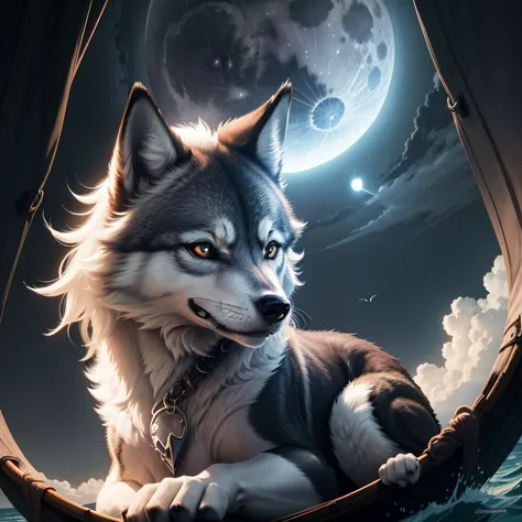 marble sky, a mini wolf shadow under a full moon at the left bottom of the picture, sailing under the moon, light grey mode, happy 18th birthday wording on the top of the picture