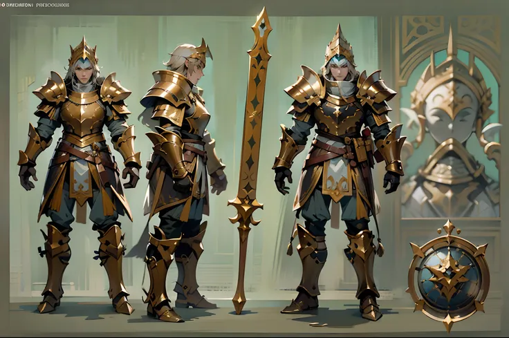 game character design，holy paladin，quaint and heavy armor wraps the entire body，shelmet，holding a stout and ornate scepter，heavy...