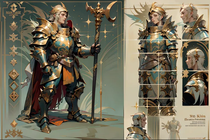 game character design，holy paladin，quaint and heavy armor wraps the entire body，shelmet，holding a stout and ornate scepter，heavy...