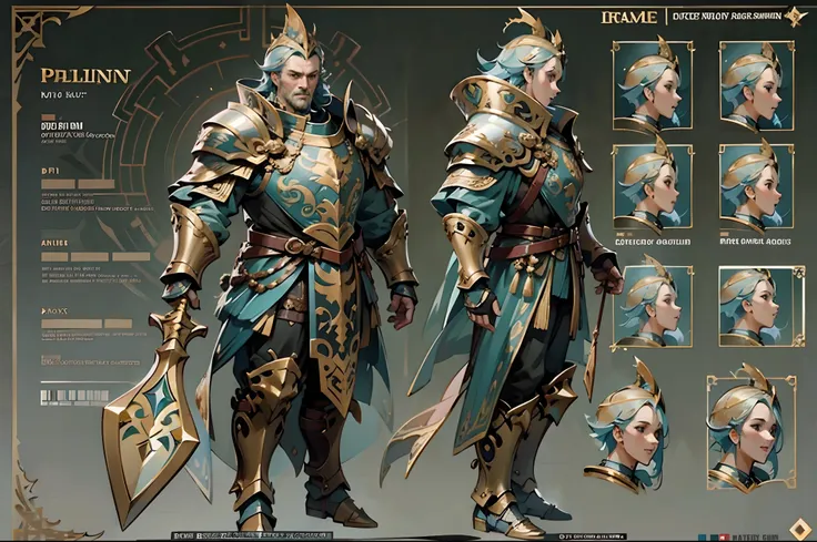 game character design，holy paladin，quaint and heavy armor wraps the entire body，shelmet，holding a stout and ornate scepter，heavy...