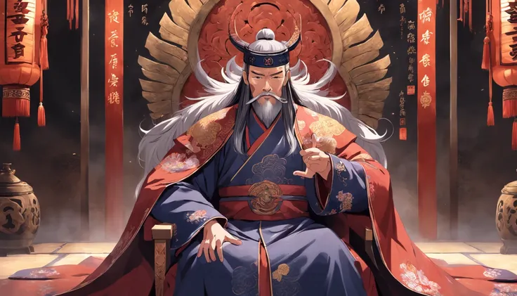 Best quality, Masterpiece, 超高分辨率, Emperor of China，wearing a hanfu，Asian people，age 55，Square face，Deep eyes，Beard，sitting on an royal throne，Look at the camera condescendingly，Behind it is a gorgeous pattern