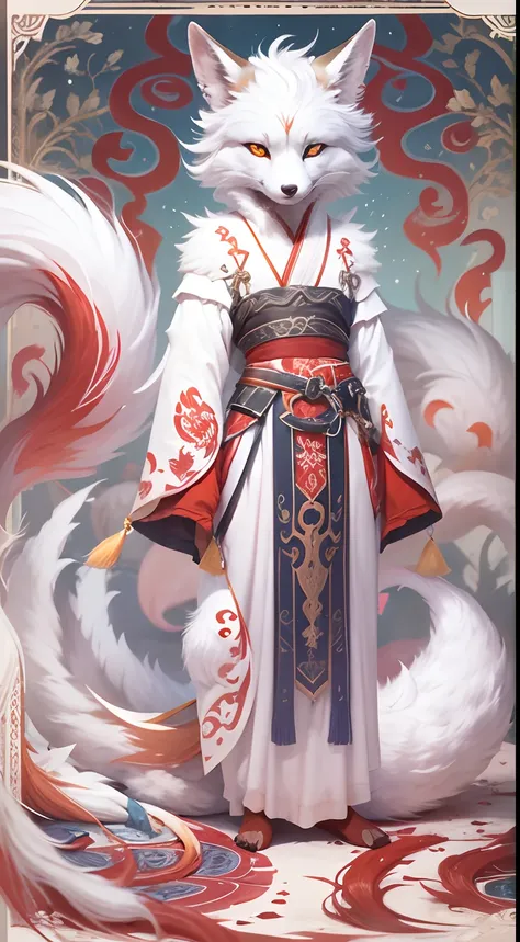 A mythical white fox with nine tails, head straight-looking at viewer,white colors，Red pupils，With some red tattoos