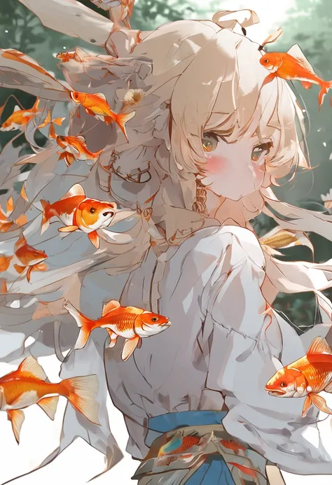 (((Goldfish)))，(Flying Goldfish:1.3)，1 girl，upperbody closeup，Lateral face，Wearing a Tang costume，Super fine face, Delicate eyes, Double eyelids, Smile，Fantastic scenes，Many-Layer Textures、Albedo e mapas Speculares、Irridescent color、Rich evolution，vivd col...