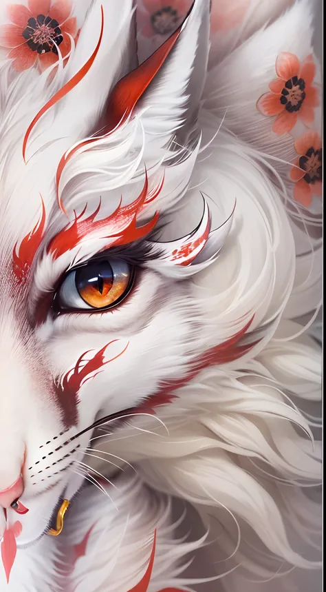 A mythical white fox with nine tails, head straight-looking at viewer,white colors，Red pupils，With some red tattoos