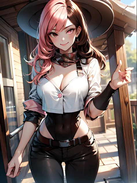 (Masterpiece, Best Quality:1.2), Cowboy shot, 独奏, 1girl, Neapolitan, Smile, closed mouth, looking a viewer, Heterochromia, Brown eyes, pink eyes, Average Breasts, leotard, pants, wide thighs, belt, big butt, Erotica