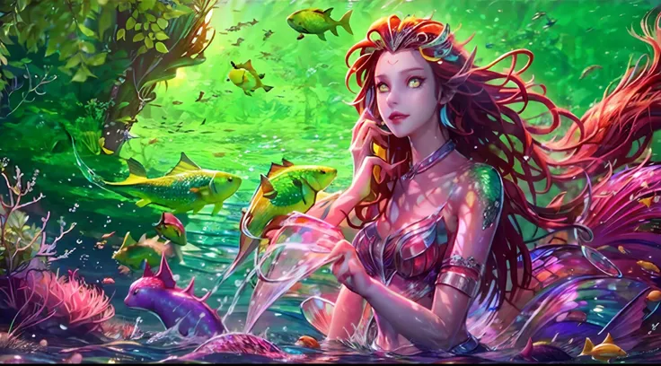 The sea floor is vast and deep、Surrounded by a rich variety of marine life、Beautiful coral reef、There are a lot of fish here,The camera captures the extra long hair of the Little Mermaid flowing in the water。Use Midjourneys advanced brush tools、Color palet...