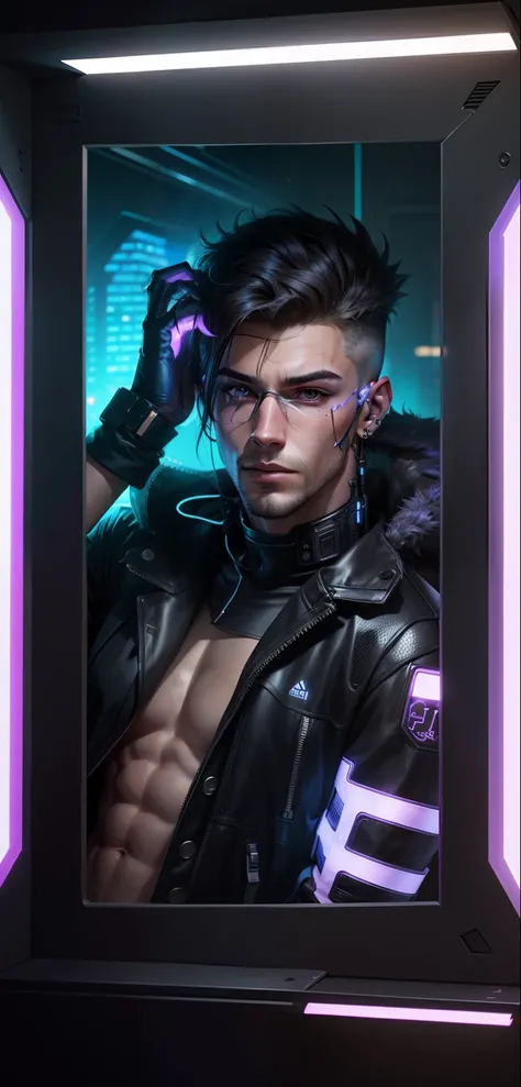 Cyberpunk realistic handsome boy changing background,