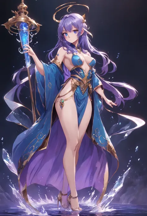 Game character standing drawing design，magestic，Gorgeous purple robes wrapped around the entire body，Hold a stout beer, Ornate staffs set with magic gemstones，Water magic，high-heels，Different layer overlays，Different angles，（full bodyesbian：1.4），solid colo...