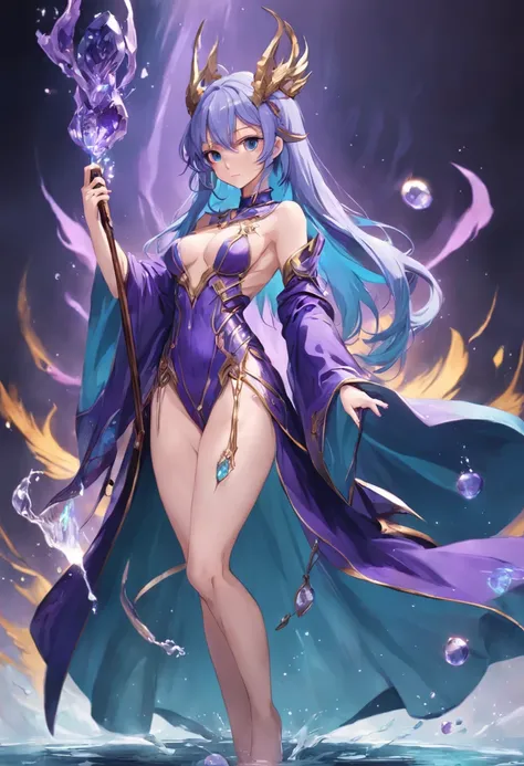 Game character standing drawing design，magestic，Gorgeous purple robes wrapped around the entire body，Hold a stout beer, Ornate staffs set with magic gemstones，Water magic，high-heels，Different layer overlays，Different angles，（full bodyesbian：1.4），solid colo...