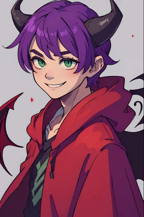 top-quality、((Deformed))、Boy with purple hair、Green eyes、demonic horns、A smile、red cloak、Composition that reflects the whole body