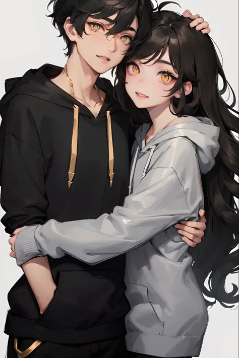 1woman, ((long wavy hair)), swept bangs, ((golden eyes)), smile, modern clothes, hugging a ((boy with short messy black hair and black simple hoodie))