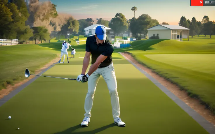 There is a man playing golf on a green course, Mid Action Swing, Launch a straight ball, Ground-up angle, off putting, hip and leg shot, leg and hip shot, Long shot angle, dynamic angled shot, off - putting, Before the round, Shoulder Level Shots, Opening ...