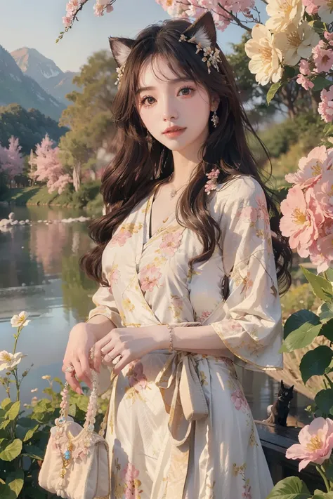 ((top-quality、​masterpiece、photographrealistic:1.4、8K))、kawaii girl、sixteen years old、extremely detailed eye and face、beatiful detailed eyes、cat ear、（Princess in fluffy cute luxury dress）、pink  dress、Luxury accessories、innocent-looking face、（Princess walki...