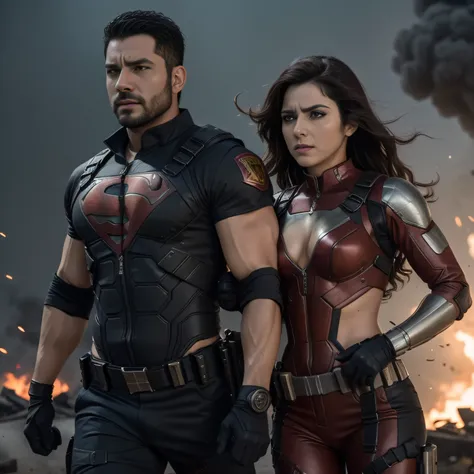 "Attractive man and woman in an action movie scene with explosions and superhero costumes, cuerpos musculosos, barba, rostros detallados y expresivos".