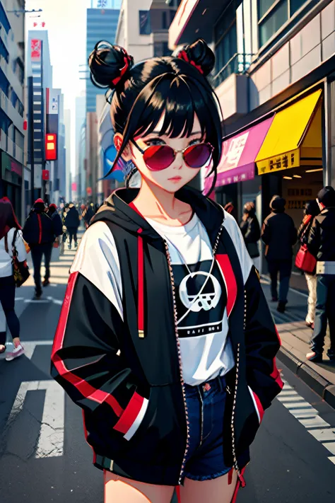 badasss、魅惑的、headphones、Cinematographic lighting、Futao gal bun、Colored Sunglasses、Looking here、Urban background、Neo Gal、Sanpaku eyes、smil、Neon street in the background、Black eye、sullenness、Jersey style clothes、Genki Woman、full bodyesbian、Bun Twin、Colored Su...