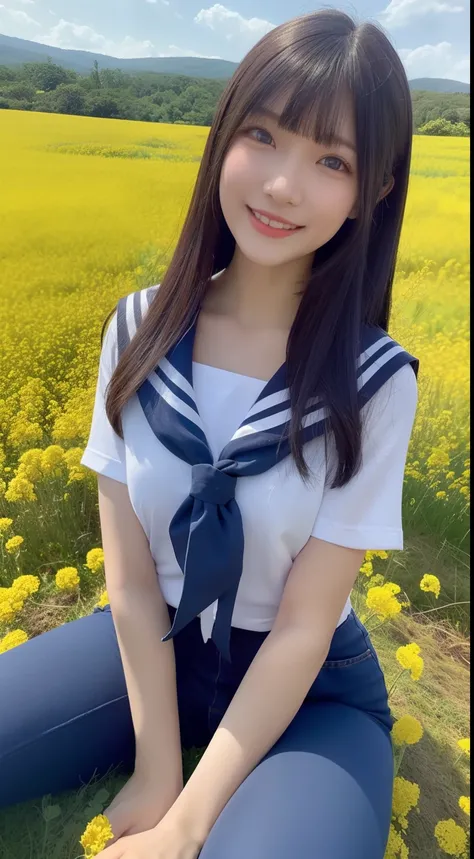 A smiling girl，Wear a tight sailor suit，denim pant，Sitting on a large mossy rock in the middle of a field of canola flowers，There is a river next to it，com rosto detalhado，The eyes are delicate，The photo quality is the best，Realistic image quality，Backgrou...