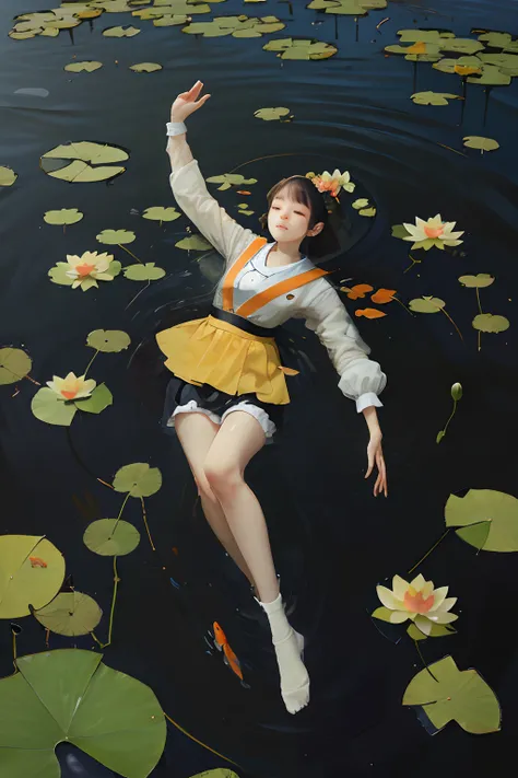 (masterpiece:1.3),(best quality:1.2),8k,absurdres,(extremely detailed:1.2),highestres,
photo,realistic,solo,
(1girl:1.2),floating,water,afloat,(lotus:1.2),(reflection:1.1),lying,(koi fish:1.1),from above,