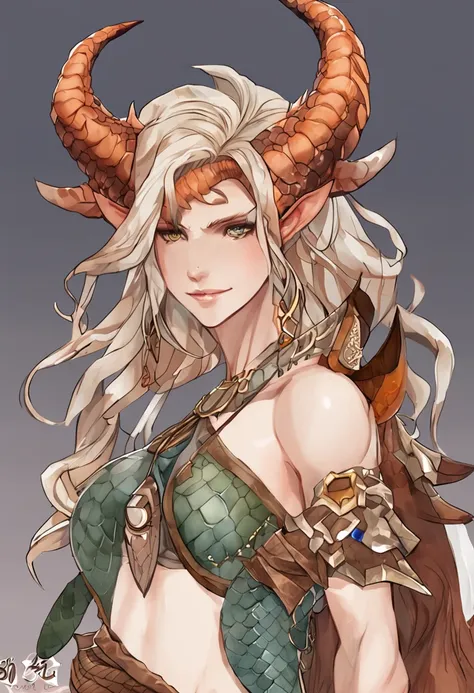 (dragan), woman, 1girl, Alone, far, small body, bracelets, multicolored hair, long hair, horns, dragon horns, anime style, high quality, best quality, flaking skin, scales, dark scales, leg with scales on the thigh, arms with scales, face with scales, dark...