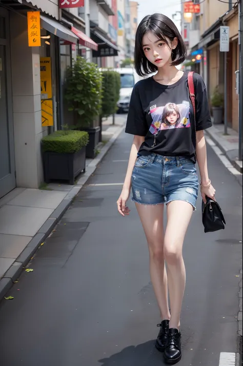 1girll，18 years old，（（full-body view）），（（Extra short blue jeans）），Long legs are exposed， (详细的脸)，beauitful face，with short black hair，AJ shoes。