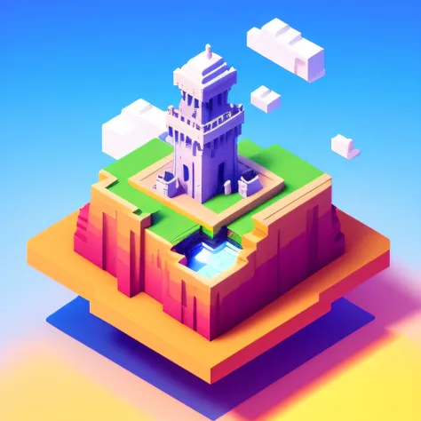 A close-up on a cloud，There is a classical building on it, isometric voxel art, isometric game art, isometric island in the sky, Isometric art, incredible isometric screenshot, isometric game, isometric 2 d game art, stylized 3d render, high quality voxel ...