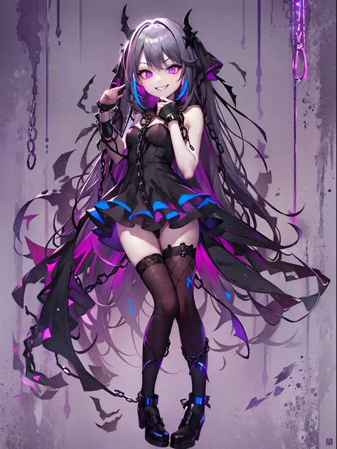 1 girl, wallpaper,full-body shot, zoomed out, grey wall background, dark picture, ruined wall background, asymmetric hair, grey hair, multicolored hair, long hair, psycho smile, evil_smile, dark purple eyes, view from the side, looking at viewer, long chai...