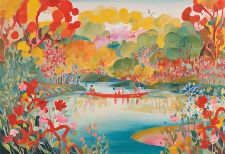 An illustration of the back of a family looking up at carp streamers on a riverbed in the daytime.

The stage of the illustration is a riverbed along the river where the sun sets.
Flowers and trees grow thick around the river, swaying when the wind blows.
...