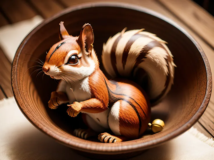 Wood carving squirrel、nut、photos realistic