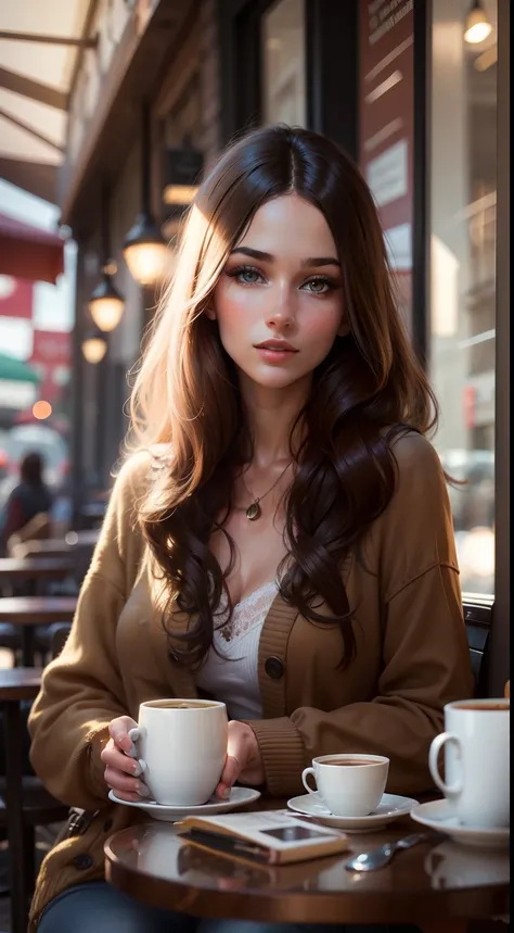 brunette realistic beatiful girl in the caffe drinking coffe