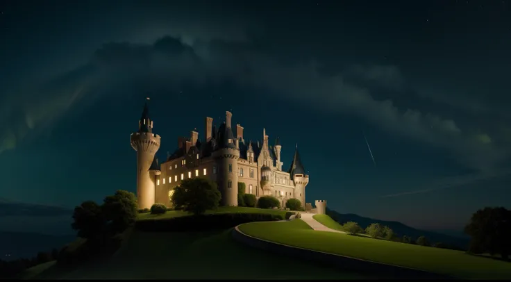 castle on a green hill at night with lots of stars in the sky