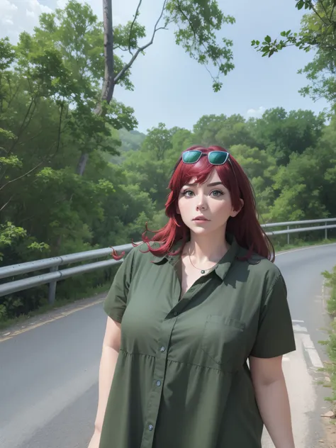 there is a woman standing on a road, in front of a forest background, with green shirt, red hair