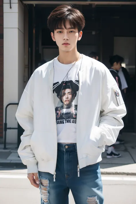 Street style portrait of 20 year old Japan man。 For a lightweight bomber jacket suitable for spring and summer、Matching graphic t-shirt。Coordinate with ripped jeans and high-top sneakers。