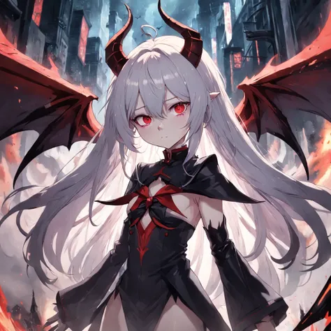 whaite hair，Red eyes，long whitr hair，demonic horns，Broken sailor suit，Girl body type，There are demon wings behind it，There was a little blood on his body，8K，Look into the camera，Dynamic，Background of destroyed cities，Scythe of Death