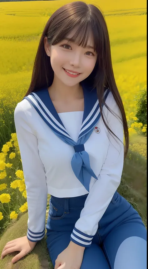 A smiling girl，Wear a tight sailor suit，denim pant，Sitting on a large mossy rock in the middle of a field of canola flowers，There is a river next to it，com rosto detalhado，The eyes are delicate，The photo quality is the best，Realistic image quality，Backgrou...