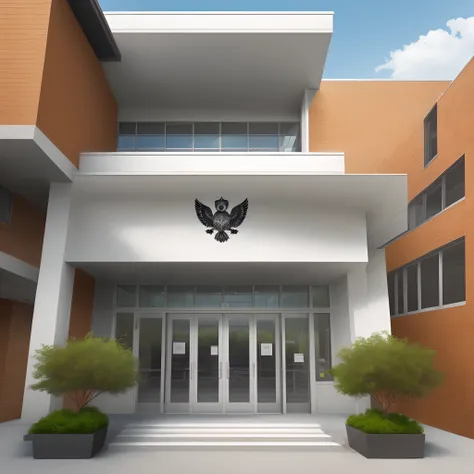 Create the outside architecture of a school, whose colors are white, orange and gray and the symbol is an owl on a shield.