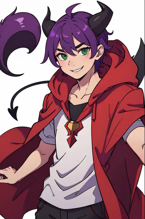 top-quality、Clear images、Boy with purple hair、Green eyes、Devils horns and tail、((Deformed))、A smile、red cloak、Composition that reflects the whole body、White background with nothing