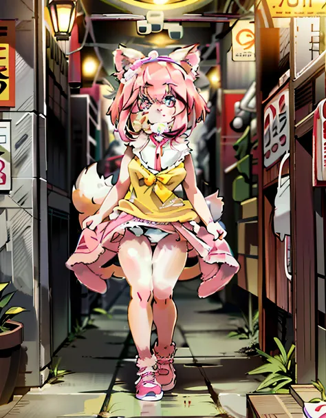 Anime girl in pink dress walking in narrow alley, anime catgirl, cute anime catgirl, female furry mini cute style, nekomimi, Cat girl, cat woman, nyaruko-san, fursona wearing stylish clothes, Anime style. 8K, forest city streets behind her, neko, anime cat...