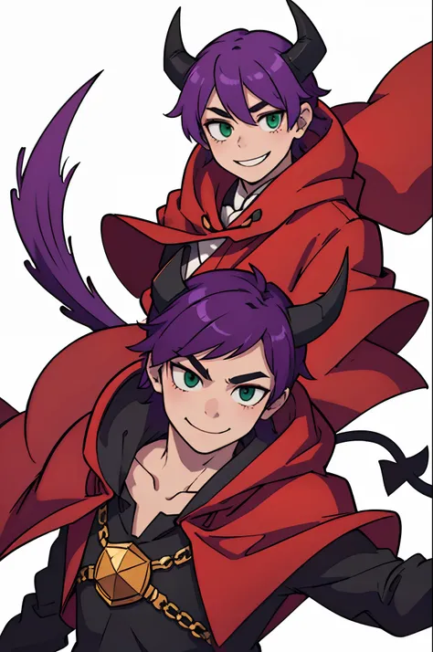 top-quality、Clear images、Boy with purple hair、Green eyes、Devils horns and tail、((Deformed))、A smile、red cloak、Composition that reflects the whole body、White background with nothing