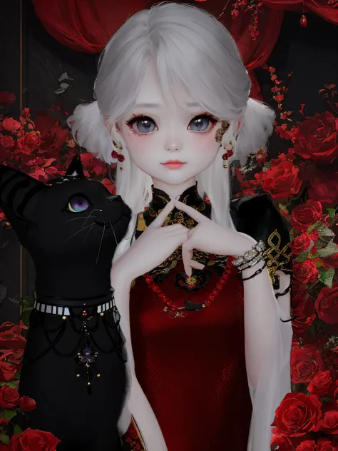 white color hair, A little girl in a cheongsam stands next to a black cat, rose flower background, chiaroscuro, cinematic lighting, UHD, textured skin, 8k