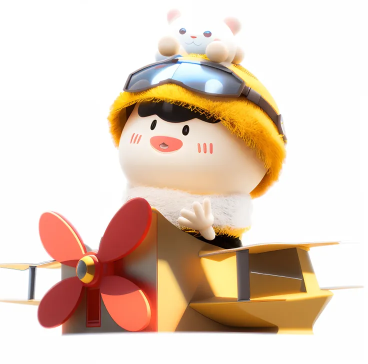 There was a small toy，There is a hat on it, cute 3 d render,  C4D, The character flies on an airplane, 3d character, 3 d character, cute character, 3 d character render, soft 3d render, 3D model of a Japanese mascot, 3D illustration, 3 D 插图, animation styl...