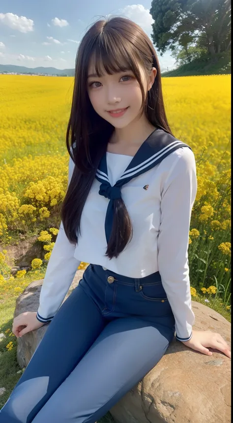 A smiling girl，Wear a tight sailor suit，denim pant，Sitting on a large mossy rock in the middle of a field of canola flowers，There is a river next to it，com rosto detalhado，The eyes are delicate，The photo quality is the best，Realistic image quality，Backgrou...