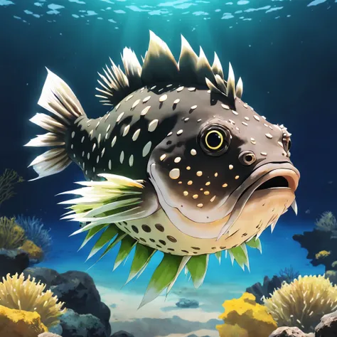 huge porcupine Fish with black scales, green fins, yellow spikes, Masterpiece, Best Quality