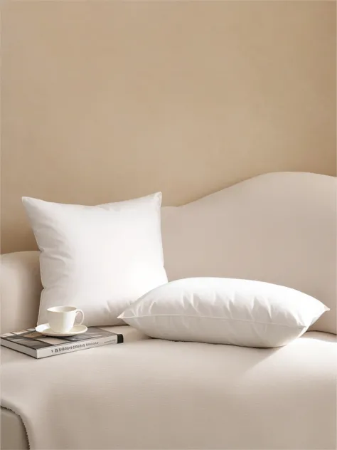 There is a white pillow on the white sofa，There was a cup of coffee on top, white pillows, Pillows, cushions, light beige pillows, hugging pillow, product introduction photos, Back against the pillow, ellegance, Product photo, ellegance, product image, e62...