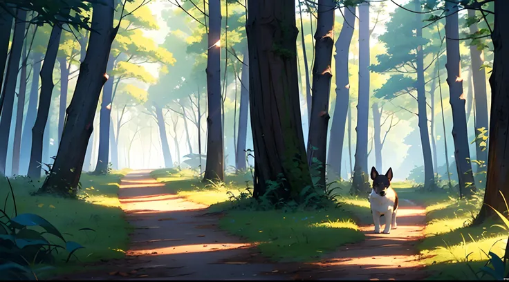 Masterpiece, best quality, 8k resolution, cinematic lighting, a cute puppy, small size, solo, yellow hair, grass, sad mood,wagging tail, in forest,path