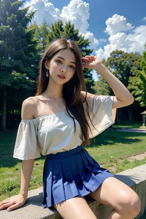 (8k, RAW photo, best quality, masterpiece: 1.2), (full body: 1.1), (short skirt off-the-shoulder: 1.2), (pleated skirt: 1.2), best quality, masterpiece, (small mouth: 1.2), an extremely delicate and beautiful, 8k wallpaper, amazing, fine details, masterpie...