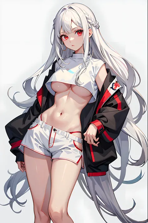 1girl, white hair, red eyes, navel, looking at viewer, hand on hip, black jacket, dolphin shorts, groin, (white shirt:1.2), braid, very long hair, wide hips, 
underboob, shirt, 
big(BodyProportions),